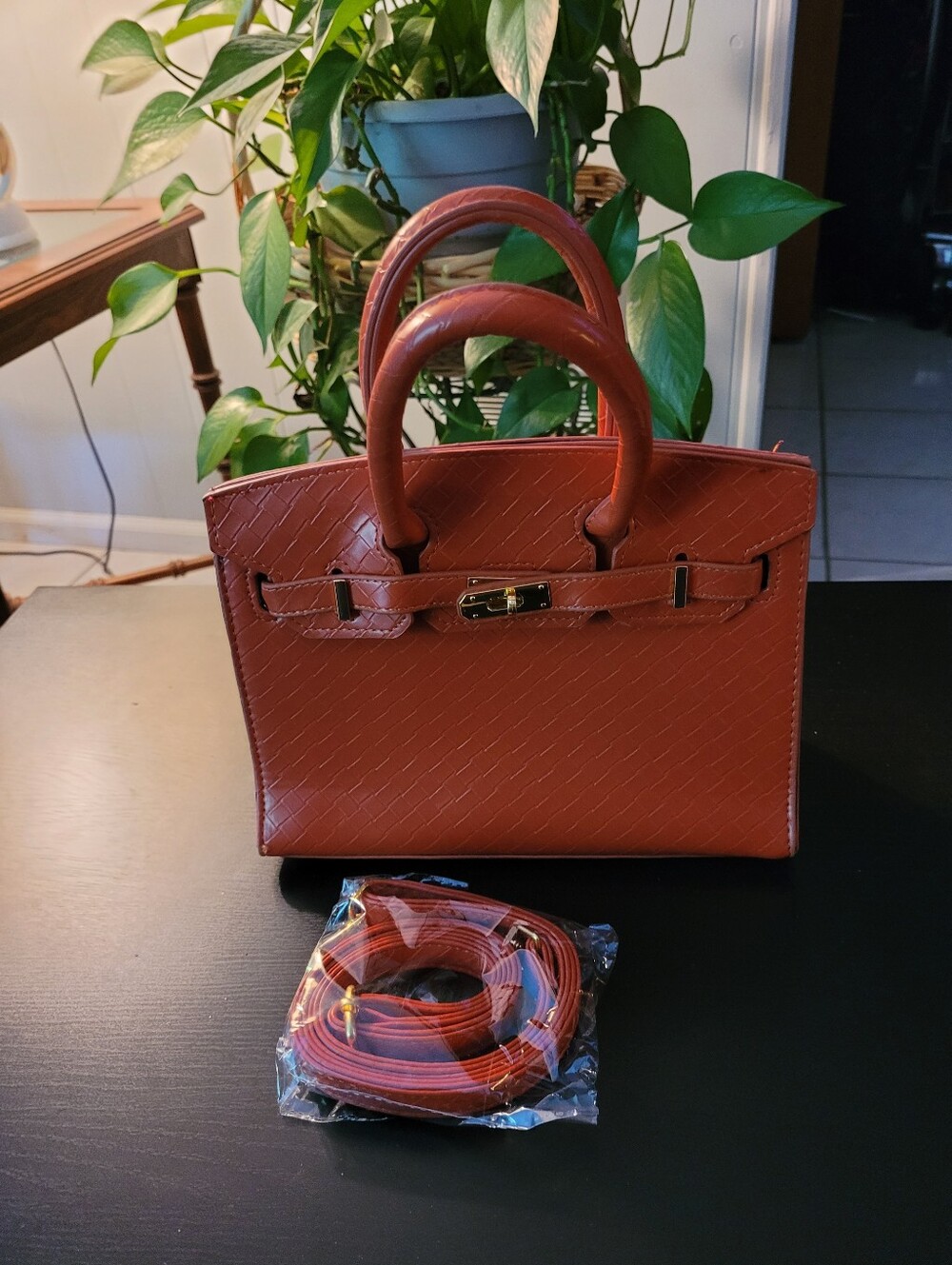 Women's Structured Top-Handle Satchel in Burnt Orange With Detachable Crossbody